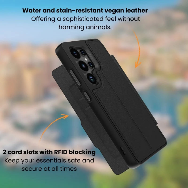 Samsung S25 Ultra EFM Monaco Vegan Leather Wallet Case with D3O BIO Black