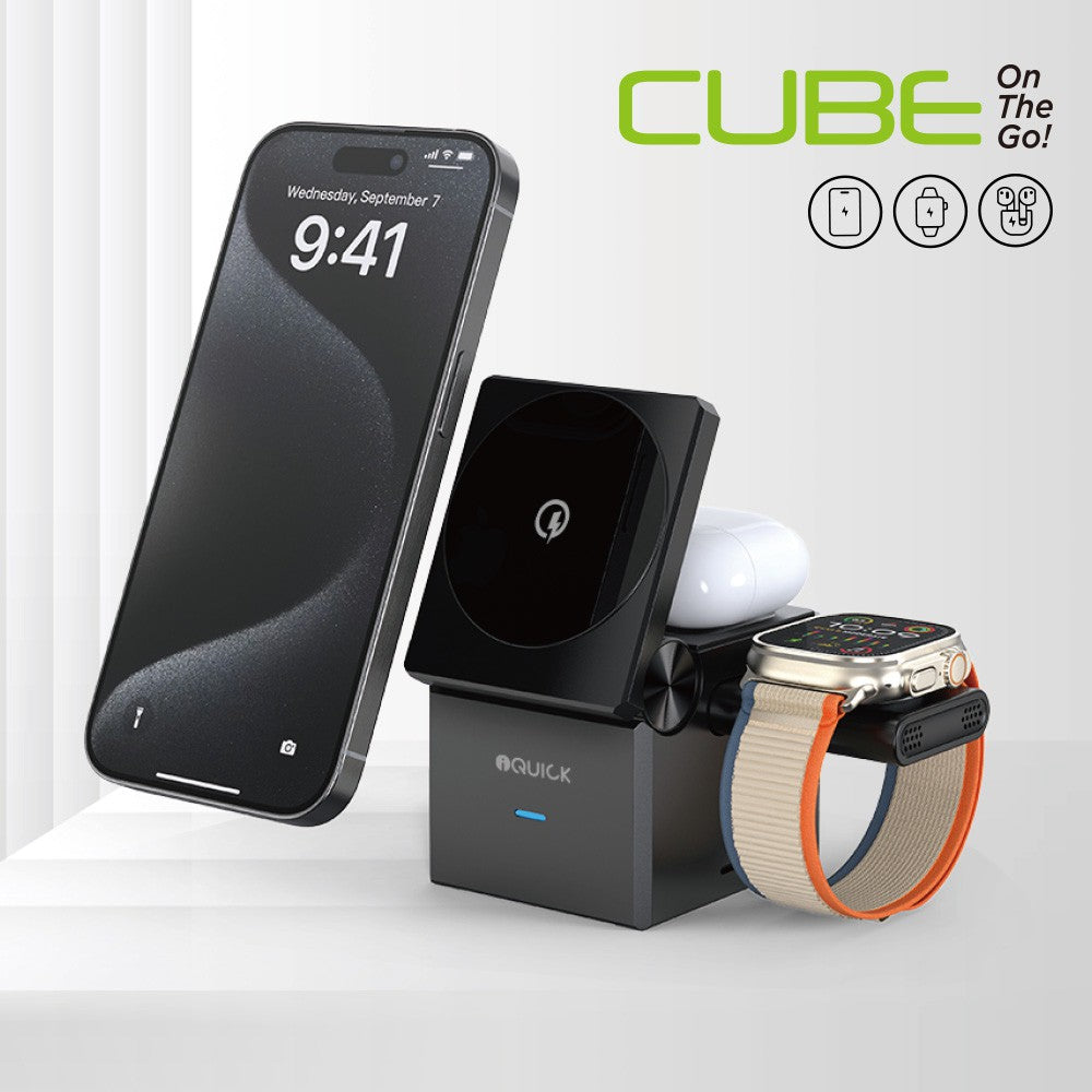 iQuick CUBE T1 3 in 1 Foldable Wireless Charger Stand For Galaxy/ Apple Watch Pads