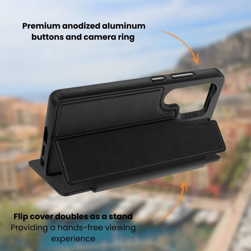 Samsung S25 Ultra EFM Monaco Vegan Leather Wallet Case with D3O BIO Black